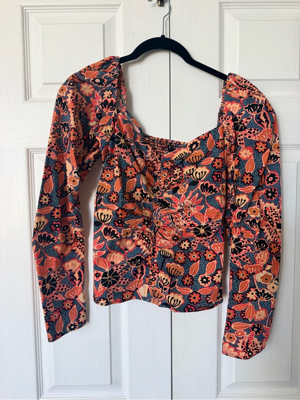Floral Ruched Long-Sleeve Top - Orange/Navy